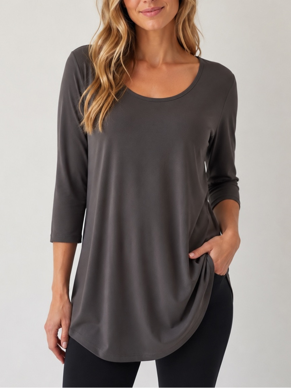 Compli K Grey Oversized Stretch Tunic Top 3/4 Sleeve Scoop Neck Size M